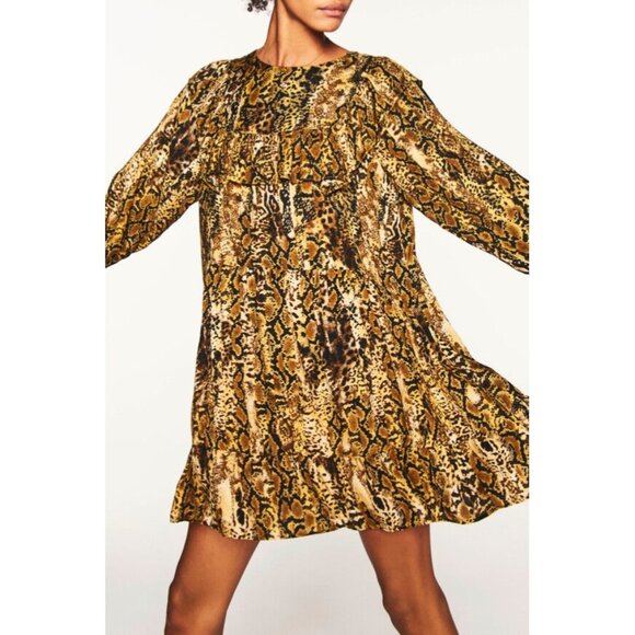 ba&sh Womens SYM Dress Ochre Snake Print Ruffle Swing Smocked Cuffs size 10 - Picture 3 of 16